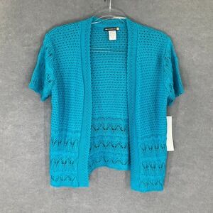 Sweaterworks Crochet‎ Knit Cardigan Top Turquoise Blue Short Sleeve Sz M